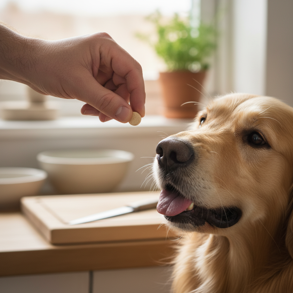 Mano che offre una compressa a un golden retriever che la prende volentieri