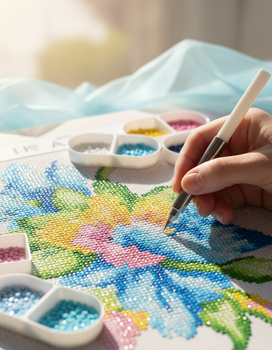 Toile de diamond painting en cours avec strass et stylo applicateur