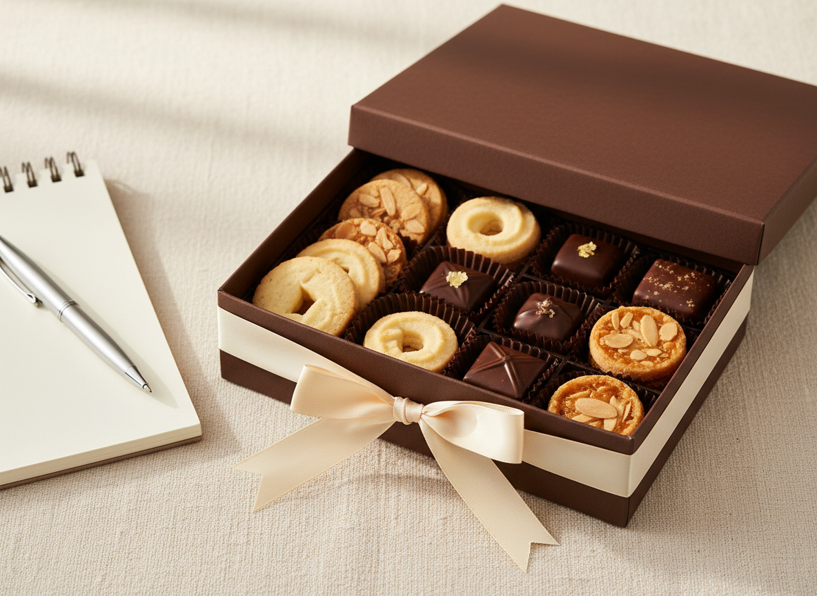 Open gift box of butter cookies and chocolates tied with ribbon