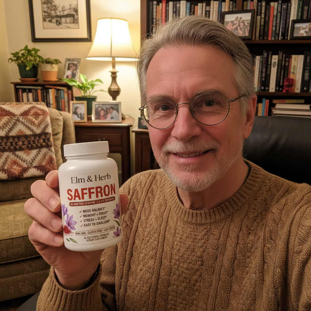 Customer Robert holding his bottle of Elm & Herb Saffron in his study