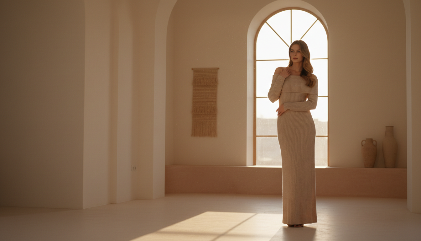 Woman in a soft beige knit maxi dress in a sunlit ivory interior