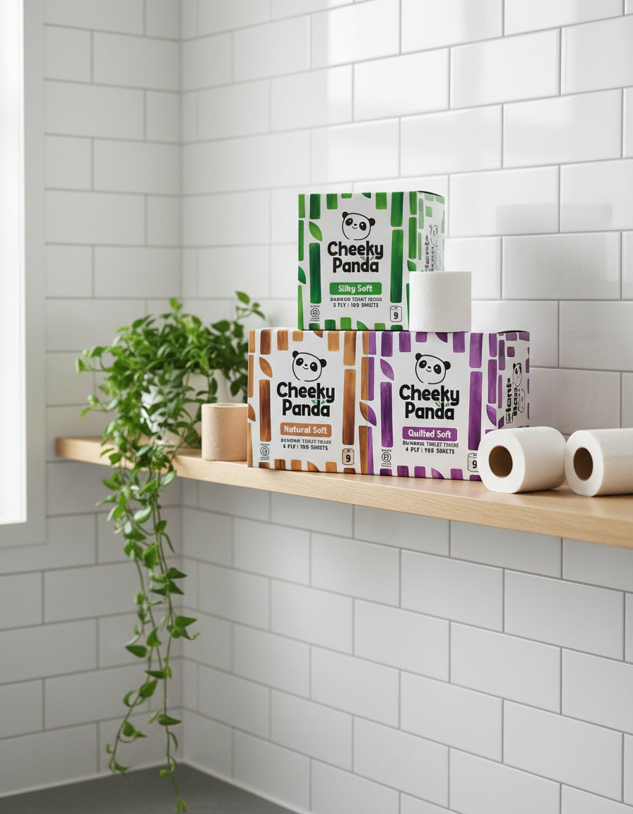 Cheeky Panda Silky Soft, Natural Soft and Quilted Soft bamboo toilet tissue packs on a bright bathroom shelf