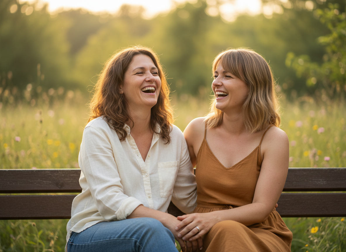 Two friends laughing together outdoors in warm afternoon light