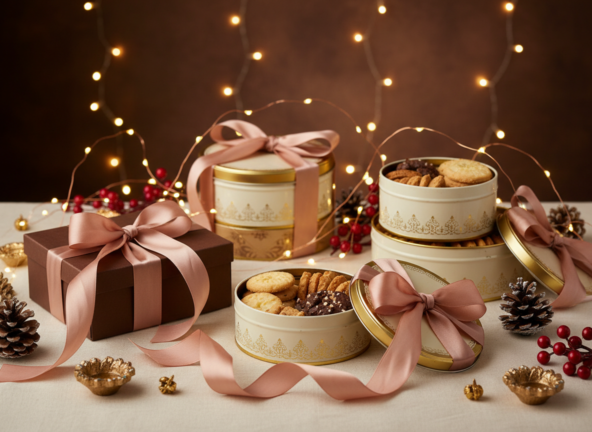 Festive cookie hampers with fairy lights and blush ribbons