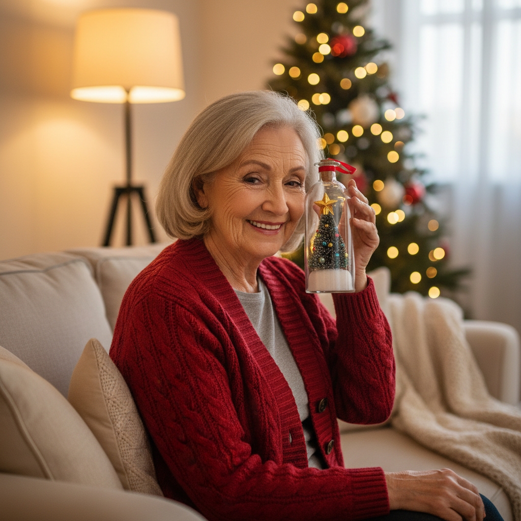 Grandmother on the sofa holding the ornament to her ear, smiling as she listens to a recorded message