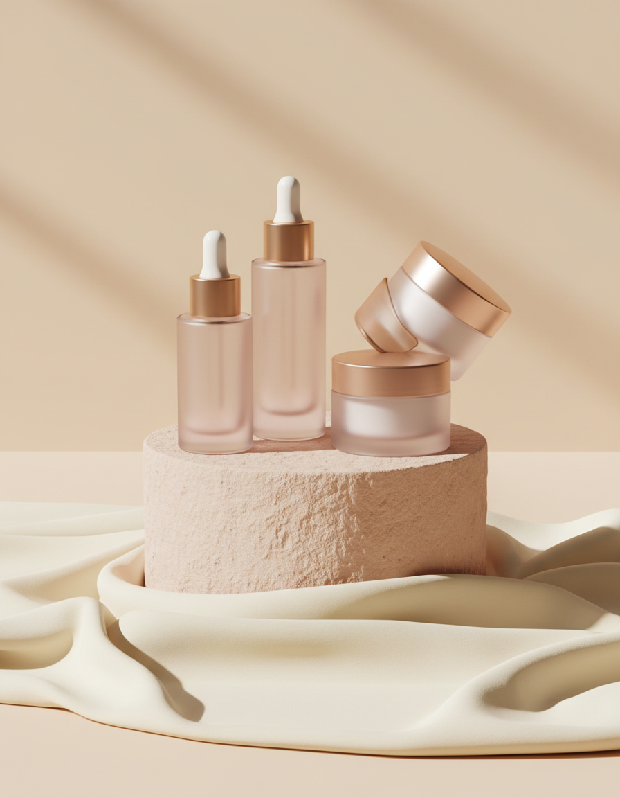 Serum bottles and cream jars on a blush stone pedestal