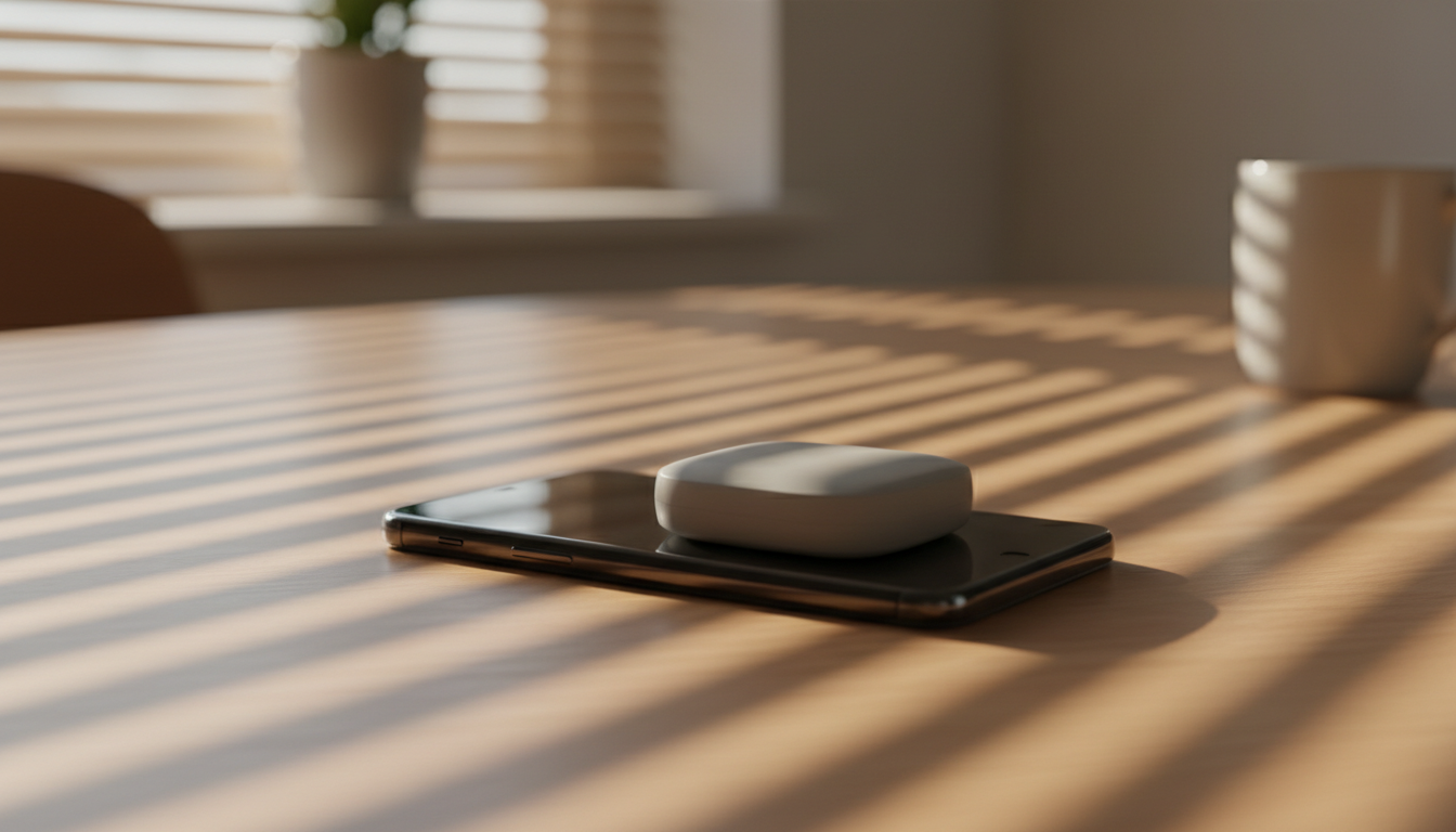 Smartphone lying face down next to a small grey focus device on a sunlit wooden desk