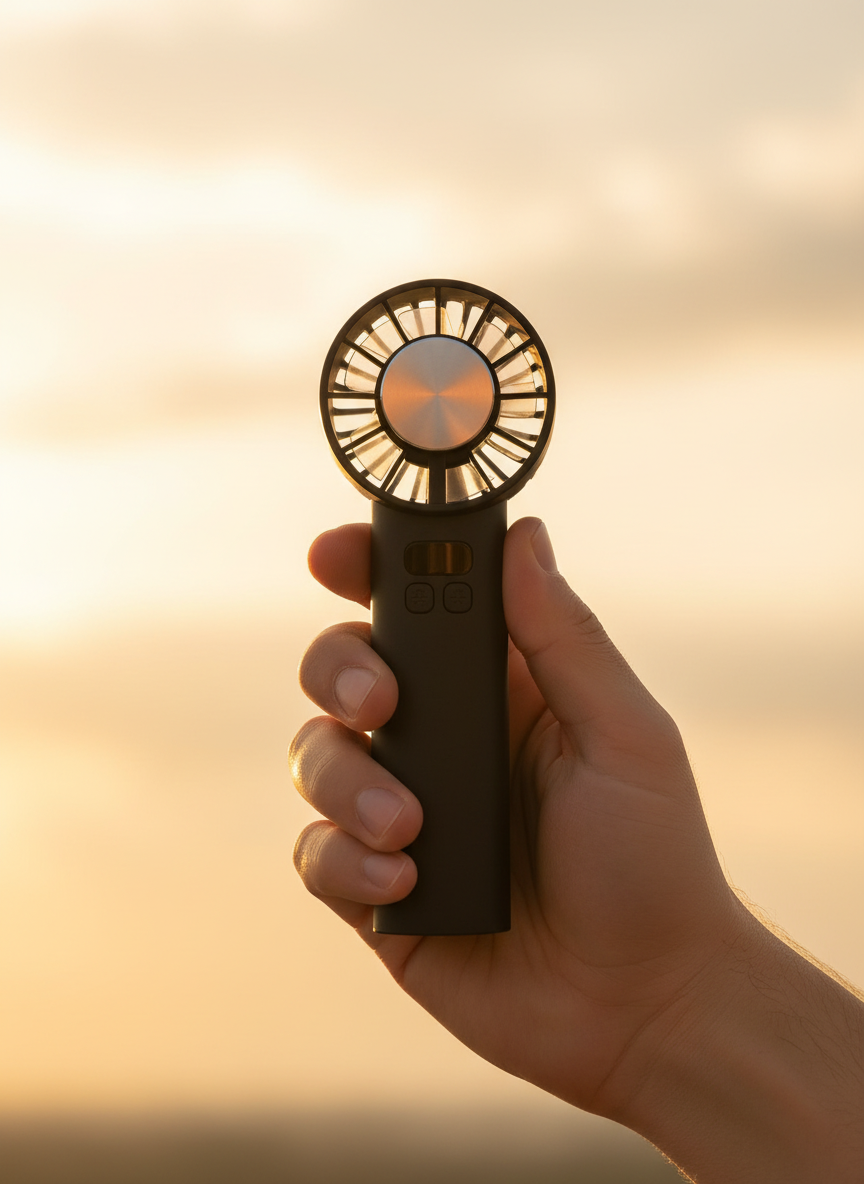 Hand holding a black AERØ ONE at golden hour, its aluminium cooling plate catching the light