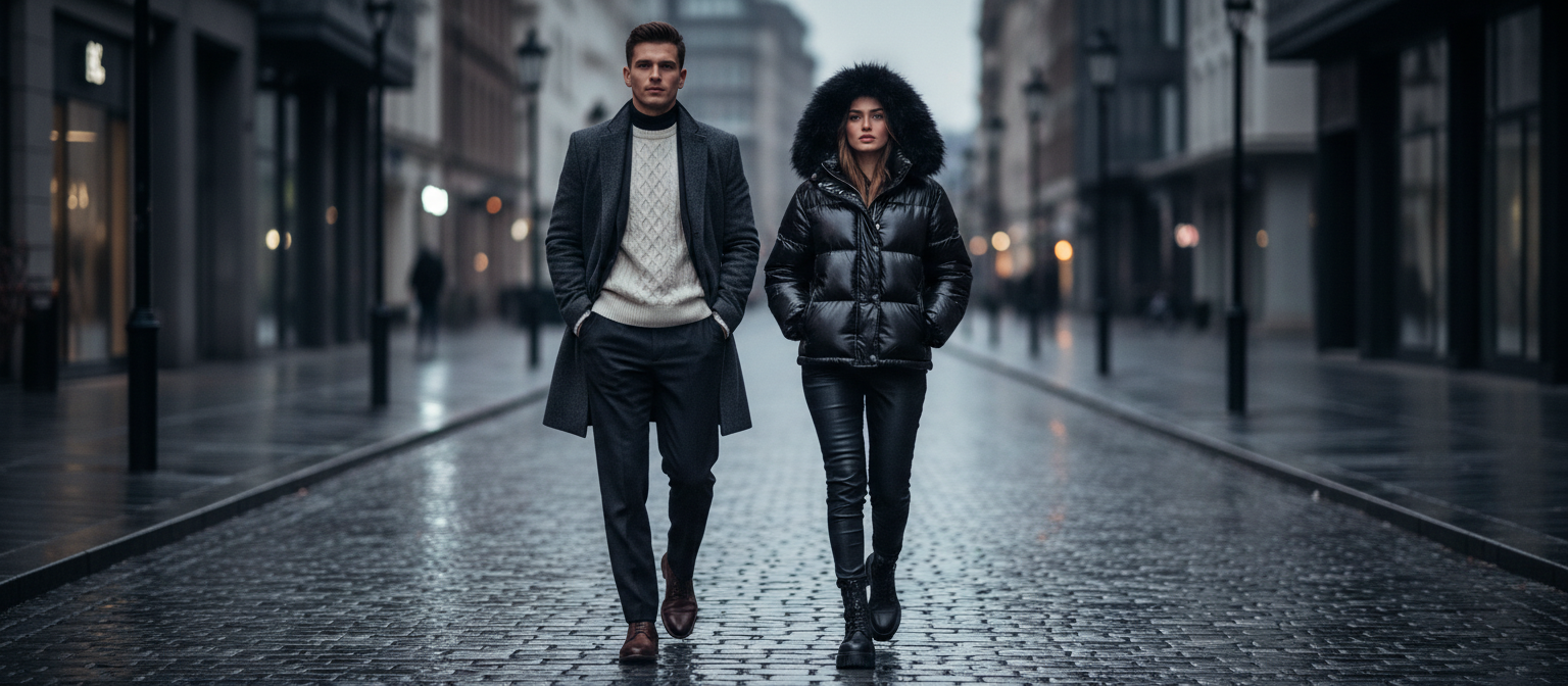 Junges Paar im modernen Old-Money-Look bei Nacht in der Stadt