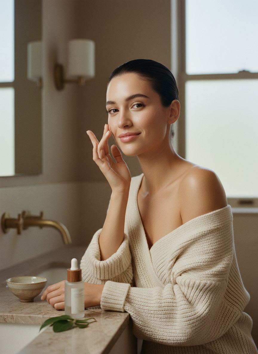 Woman with glowing skin applying skincare with her fingertips