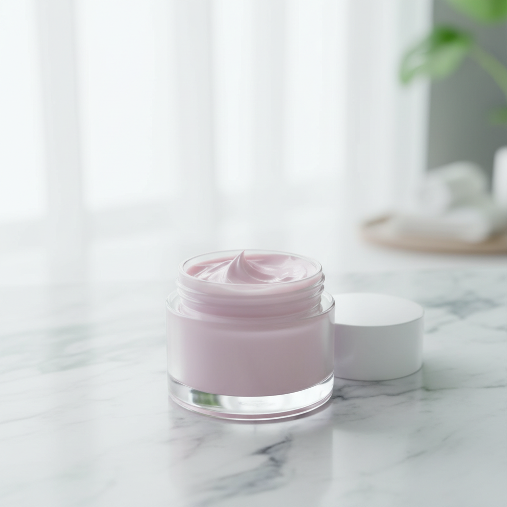 Borcan deschis de cremă pentru bust Revitalique cu textura cremoasă vizibilă pe marmură albă