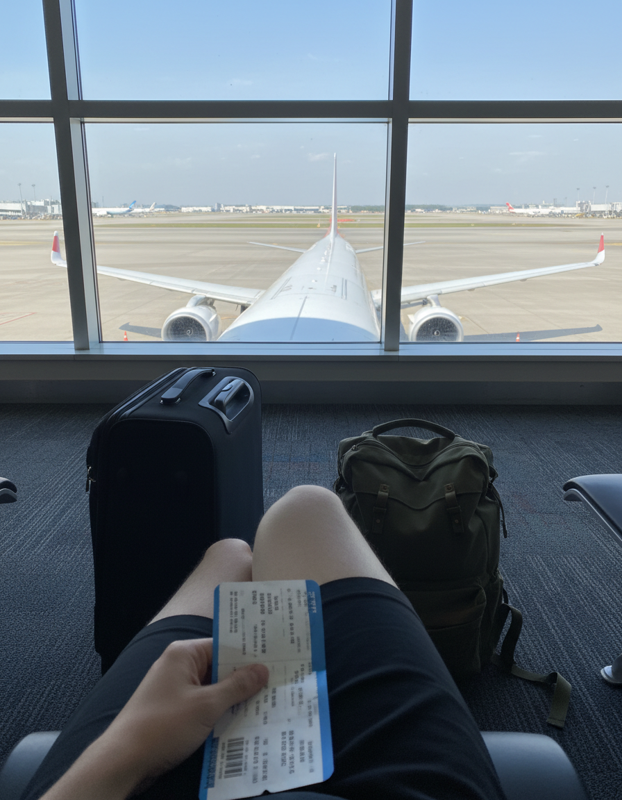 Waiting at an airport gate with a carry-on suitcase
