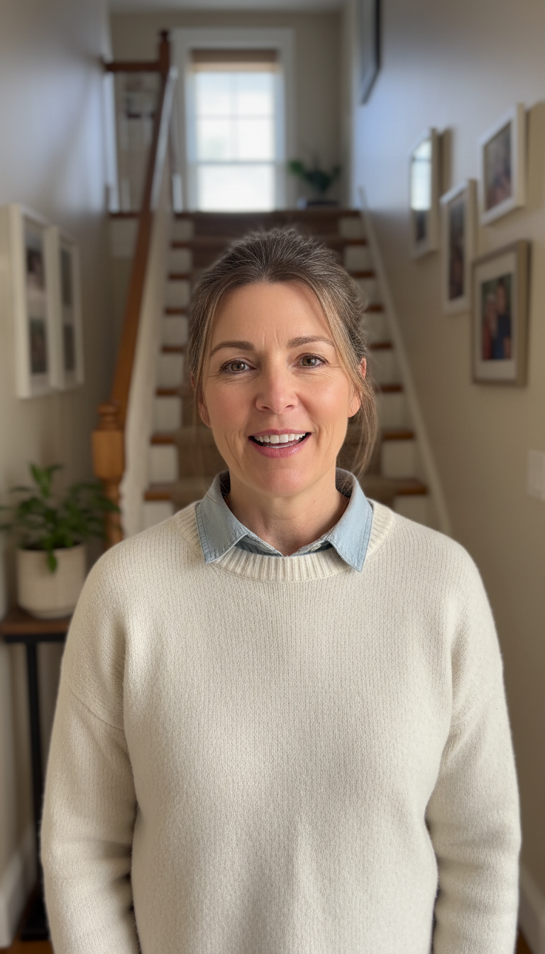 Customer smiling in a hallway at home