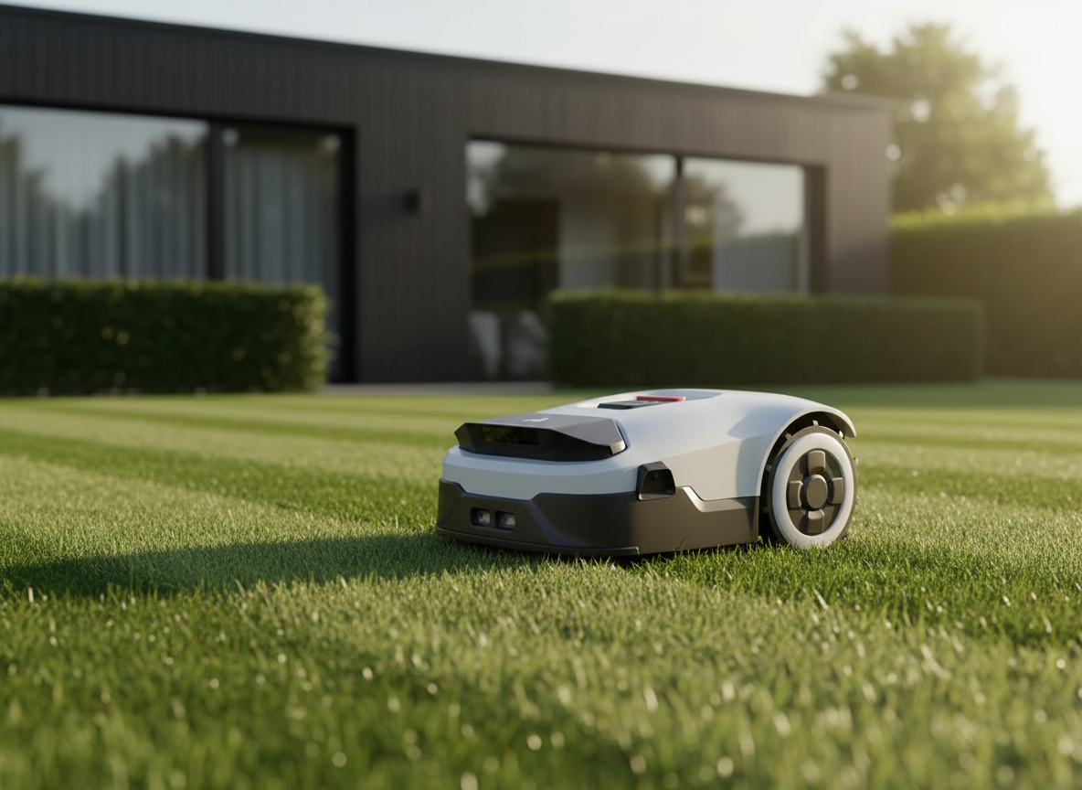 Robotas vejapjovė pjauna dryžuotą veją prie modernaus namo saulėlydžio šviesoje