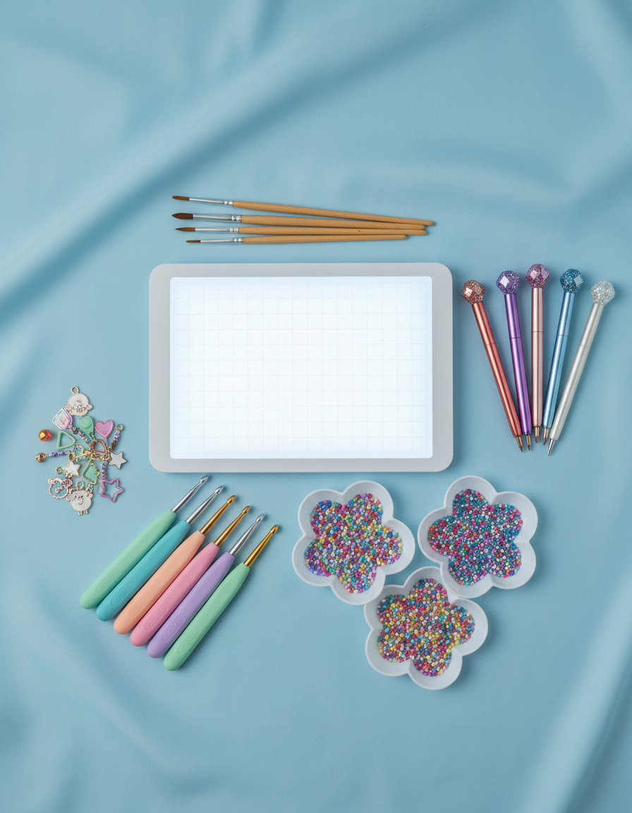 Accessoires créatifs : lampe LED, stylos à strass, crochets et pinceaux