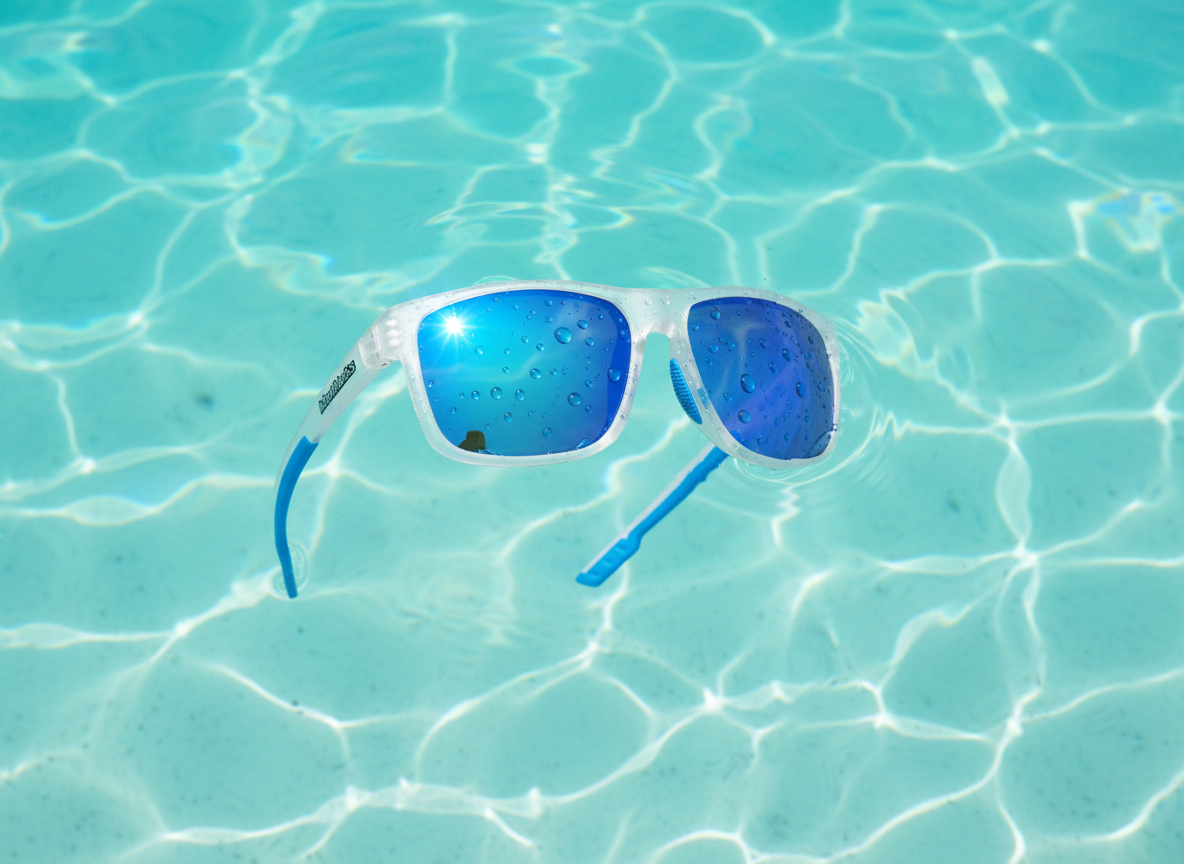 H2OAthletics sunglasses floating on the surface of clear turquoise water