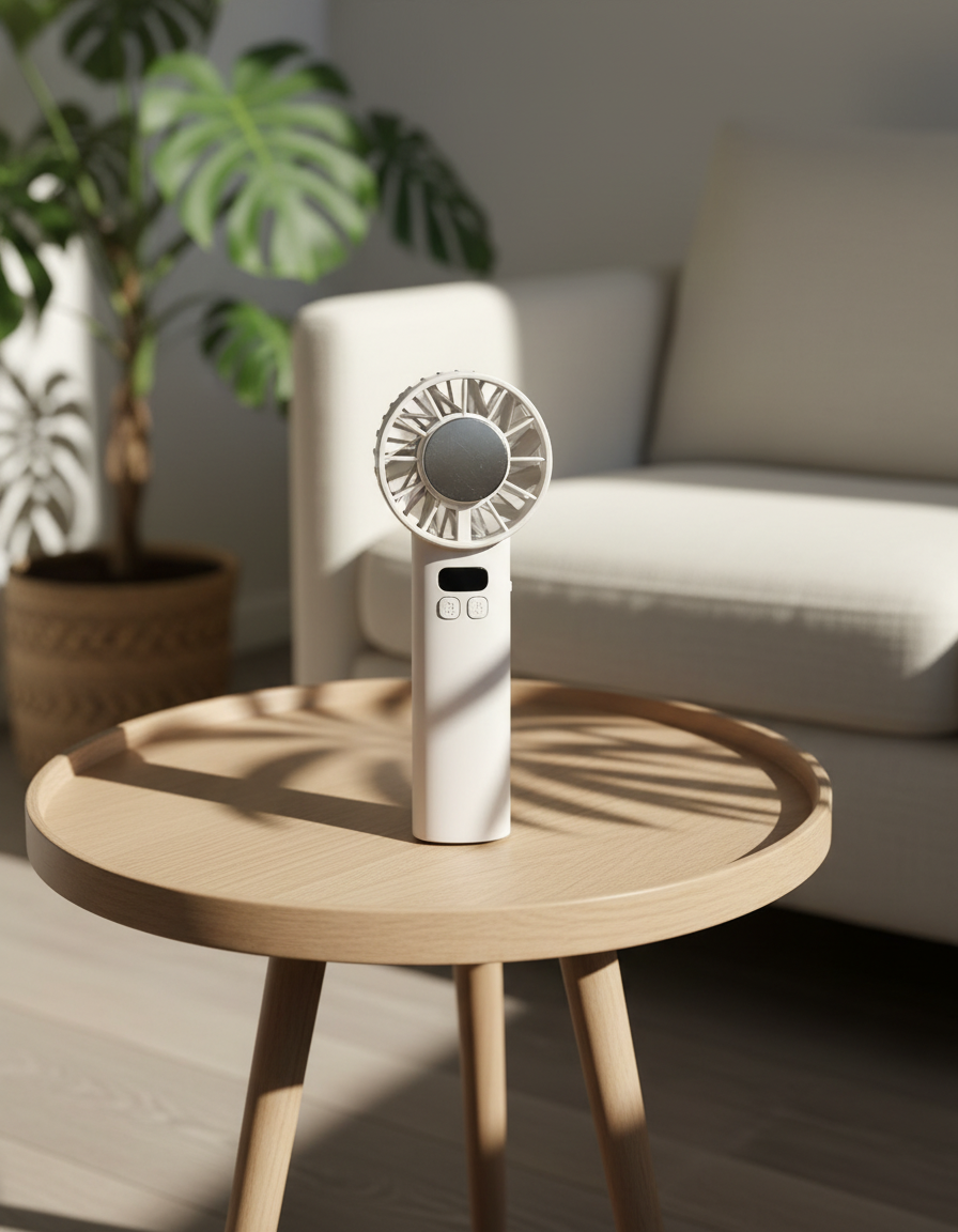 White AERØ ONE on an oak side table in a sunlit minimal living room