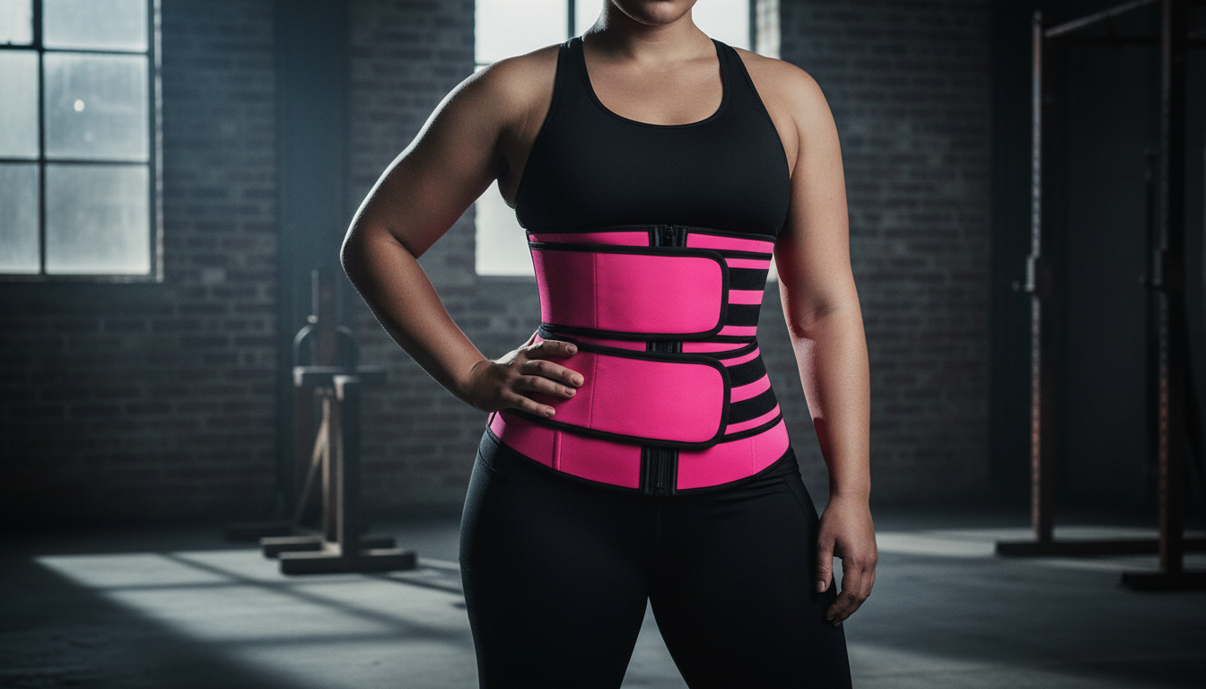 Woman in black activewear wearing the neon pink waist trainer in a gym