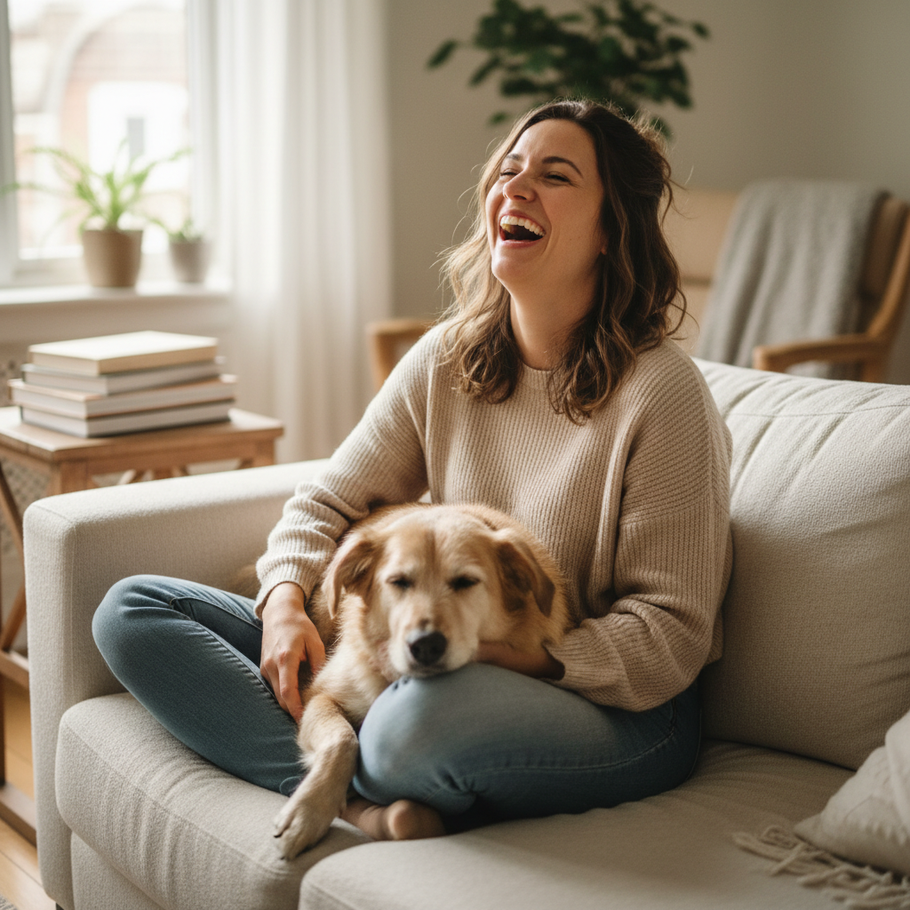 Donna sorridente sul divano con il suo cane che le appoggia la testa sulle gambe