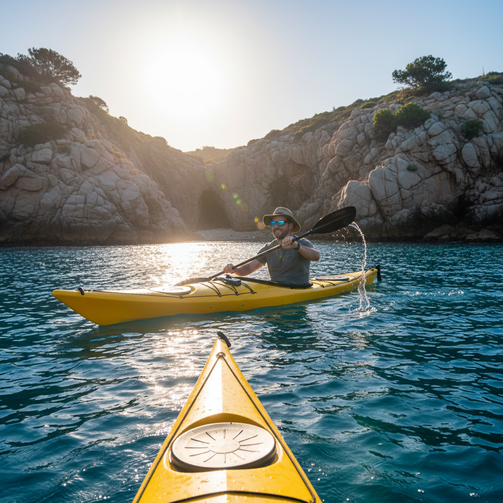 Man paddling a sea kayak along a rocky coastline wearing H2OAthletics floating sunglasses