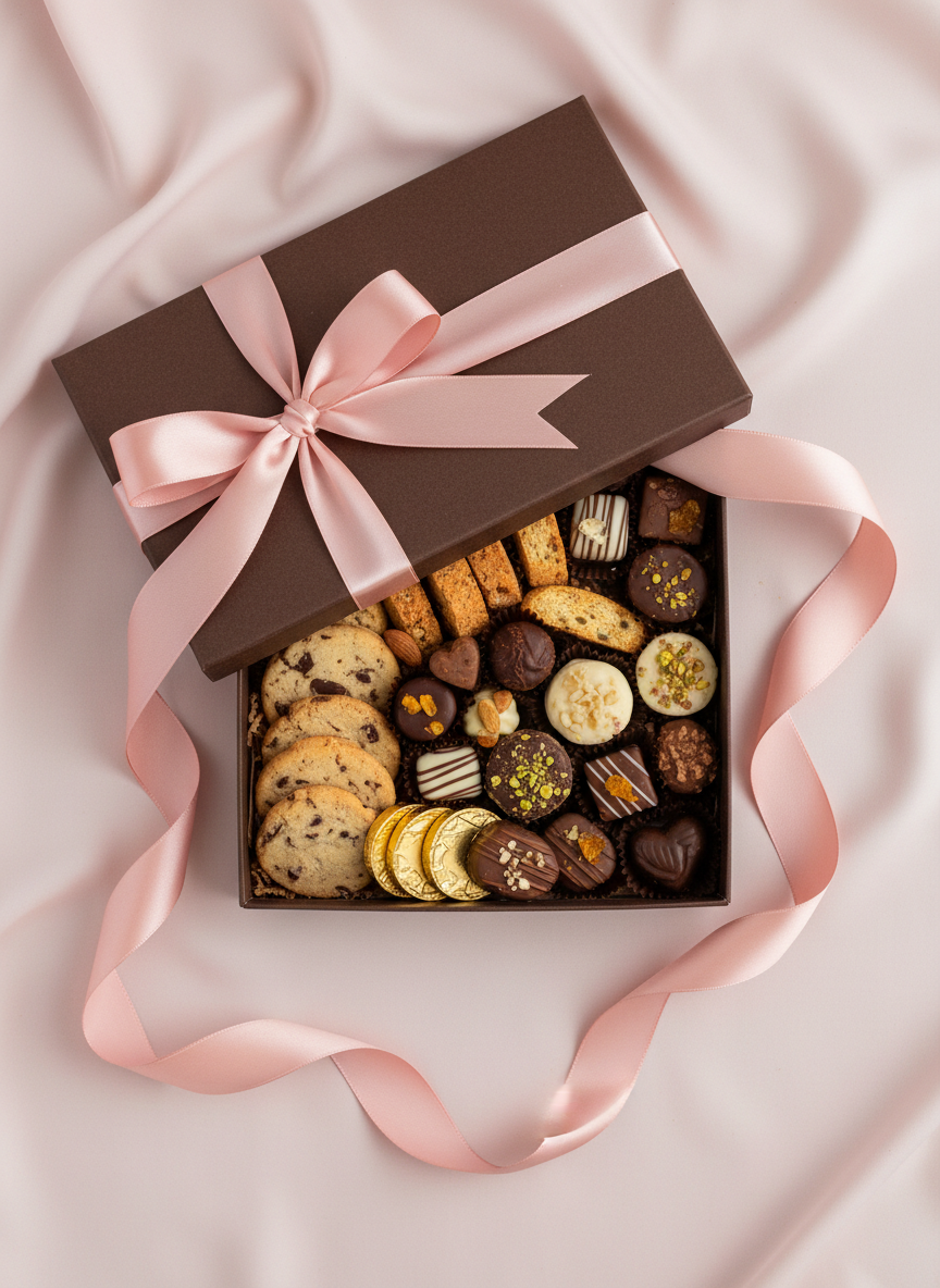 Open custom gift box of assorted cookies with a rose ribbon