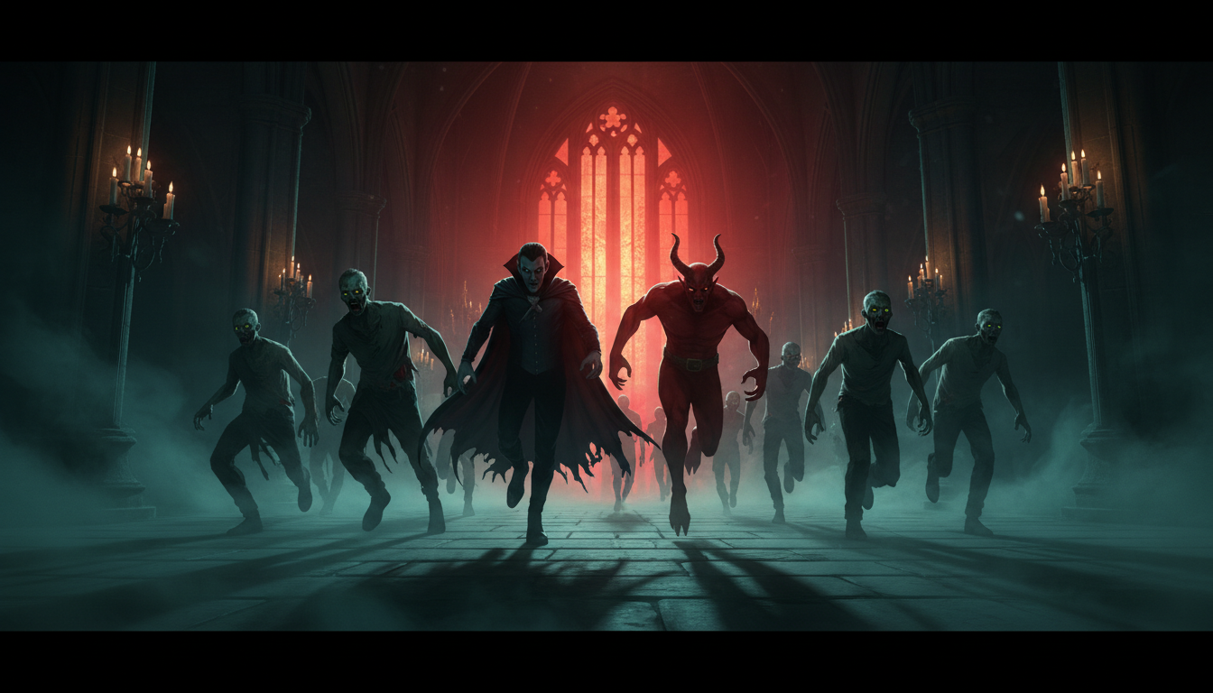 Vampires, zombies and a horned demon charging toward the camera through a foggy, candlelit gothic castle hall