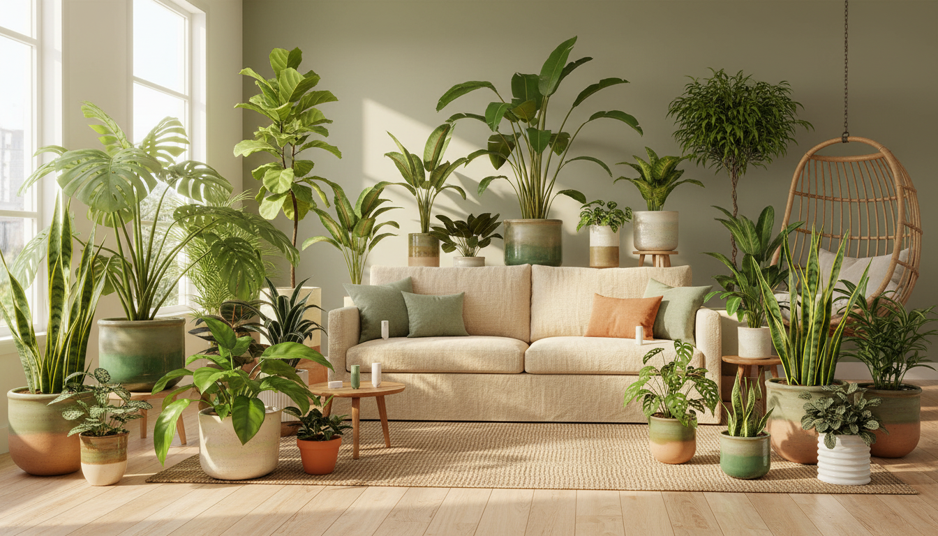 Sunlit living room filled with lush houseplants in ceramic planters