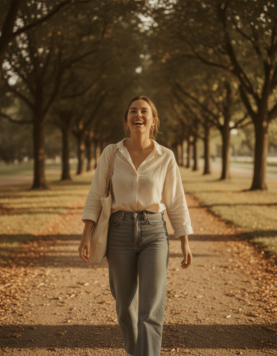 Woman walking along a tree-lined path in golden light