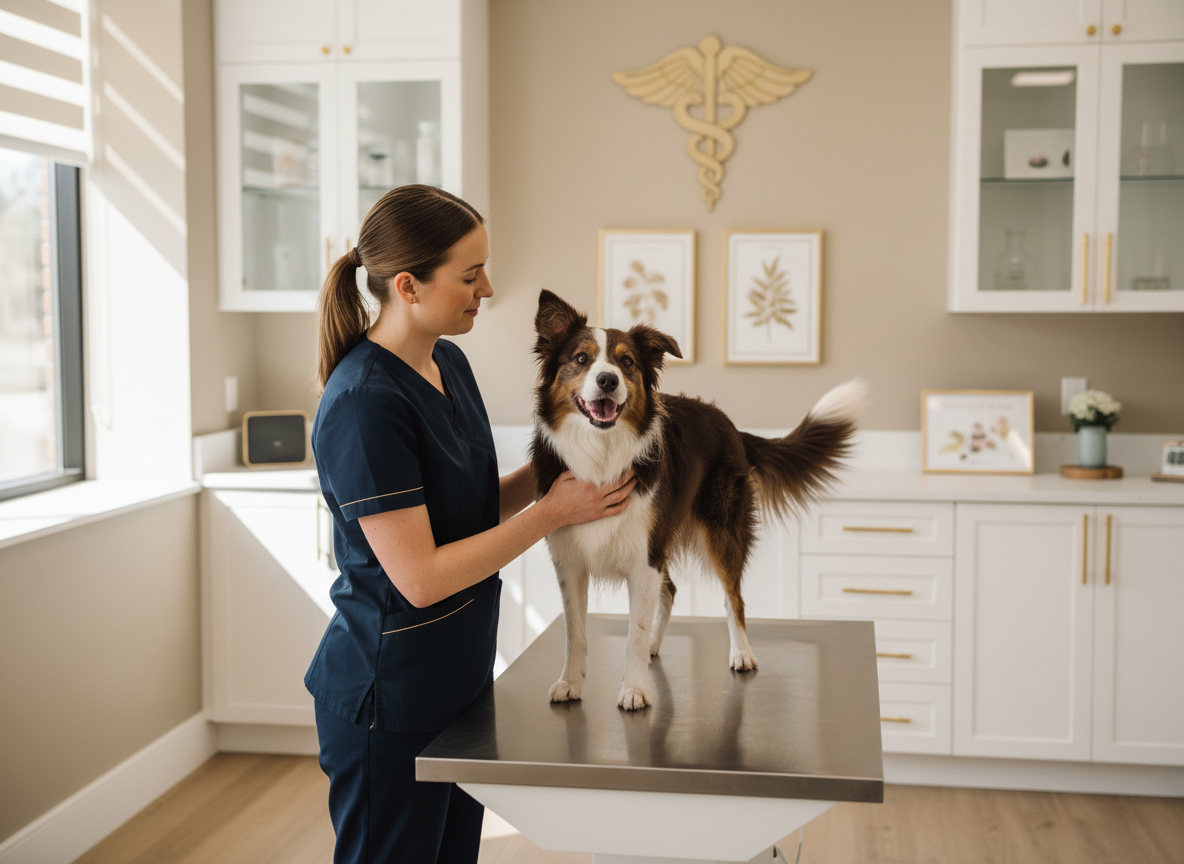 Médica veterinária a examinar um border collie numa clínica moderna
