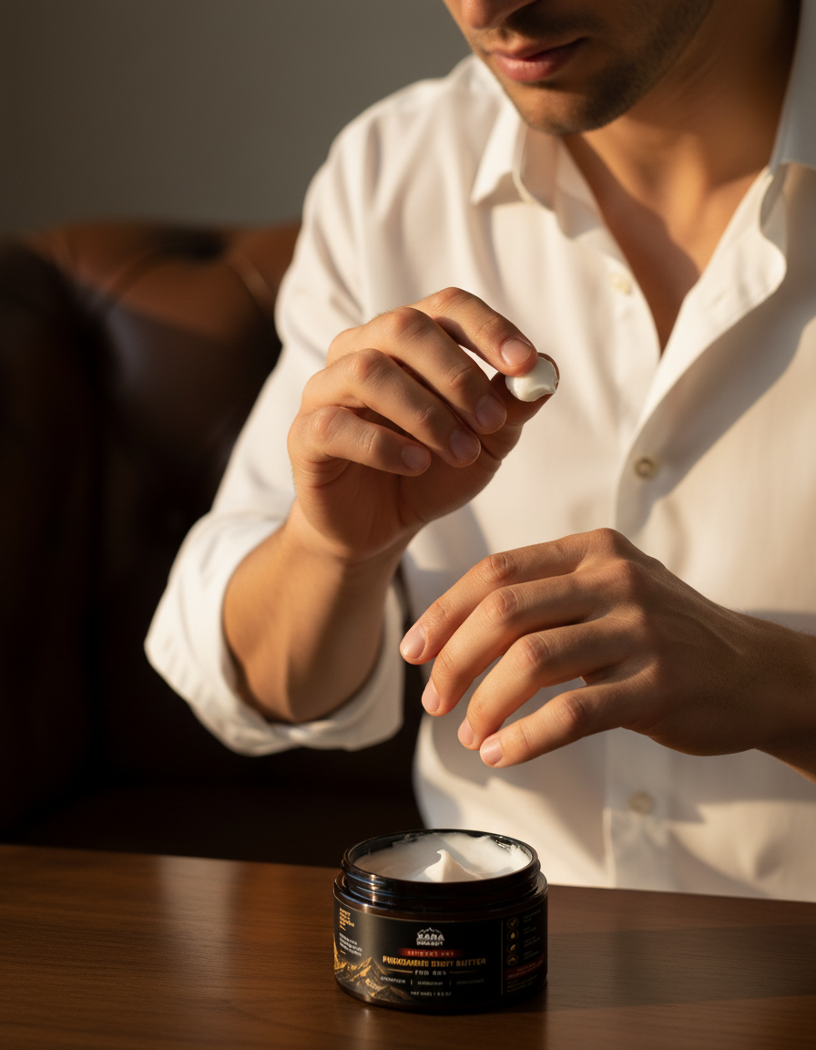 Man applying XARA body butter to his wrist in warm evening light