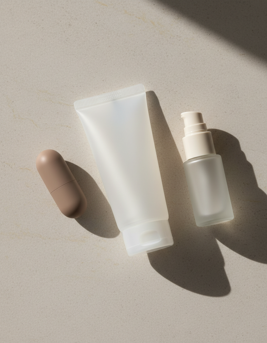 Minimal skincare tube, pump bottle and lip tint on pale stone