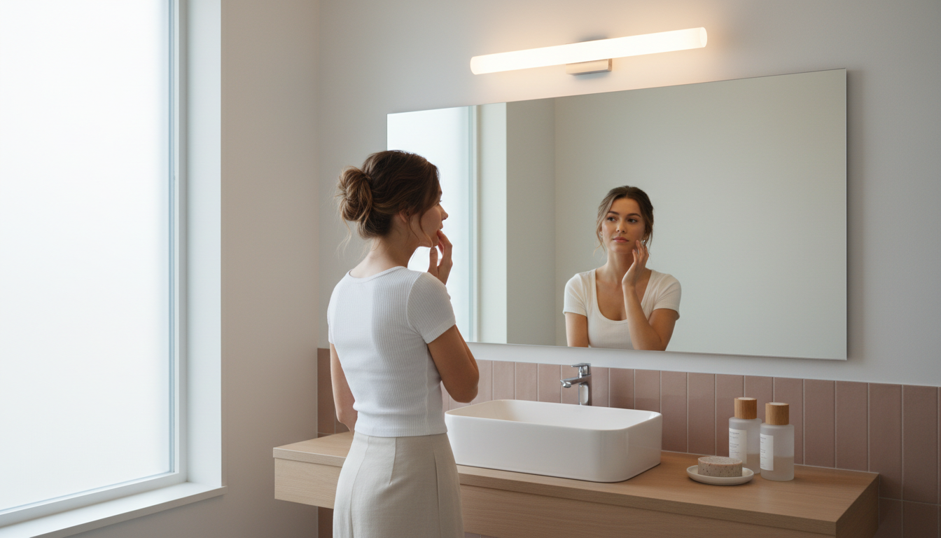 Femeie privindu-se calmă în oglindă, într-o baie luminoasă și minimalistă