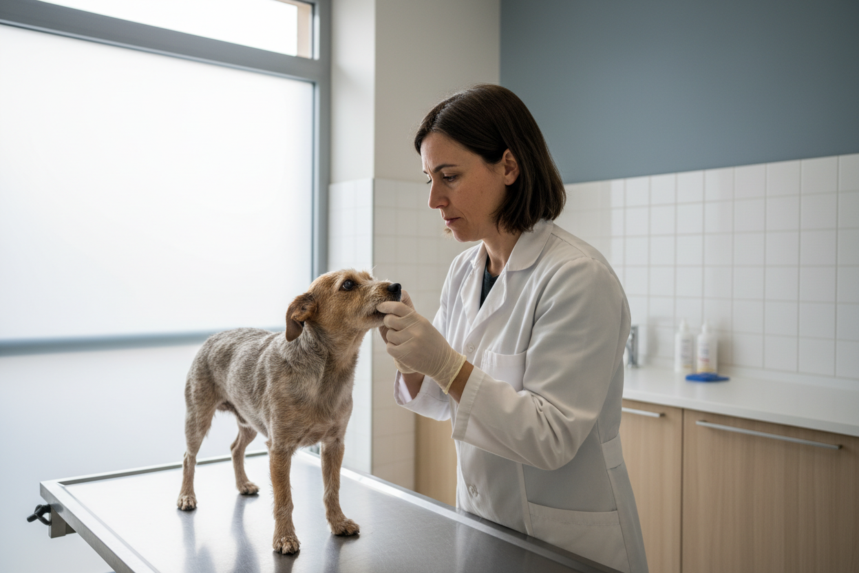 Veterinaria che solleva il labbro di un piccolo cane per controllarne i denti