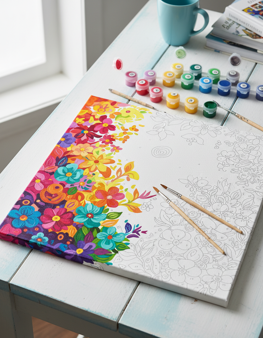 Toile de peinture par numéros avec pots de peinture et pinceaux