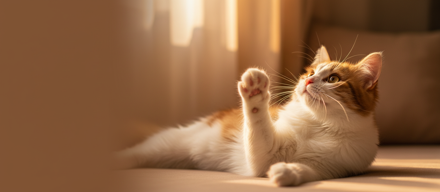 White and orange cat raising its paw in warm sunlight