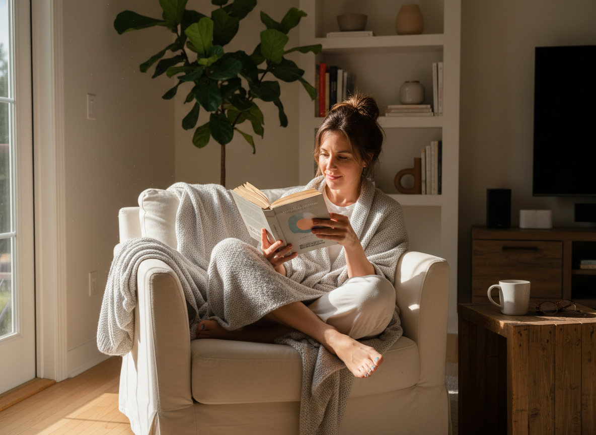 Woman reading a book in a sunlit chair without her phone