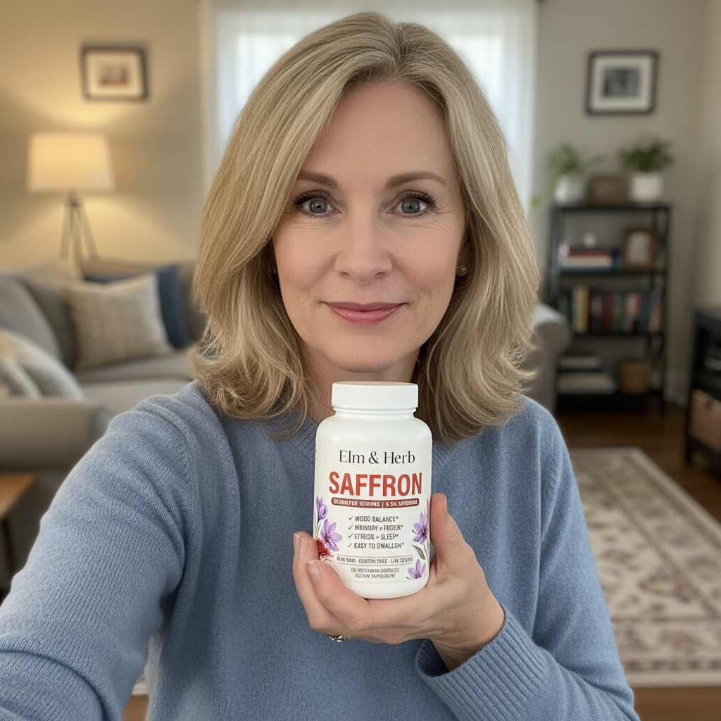 Customer Laura holding her bottle of Elm & Herb Saffron at home