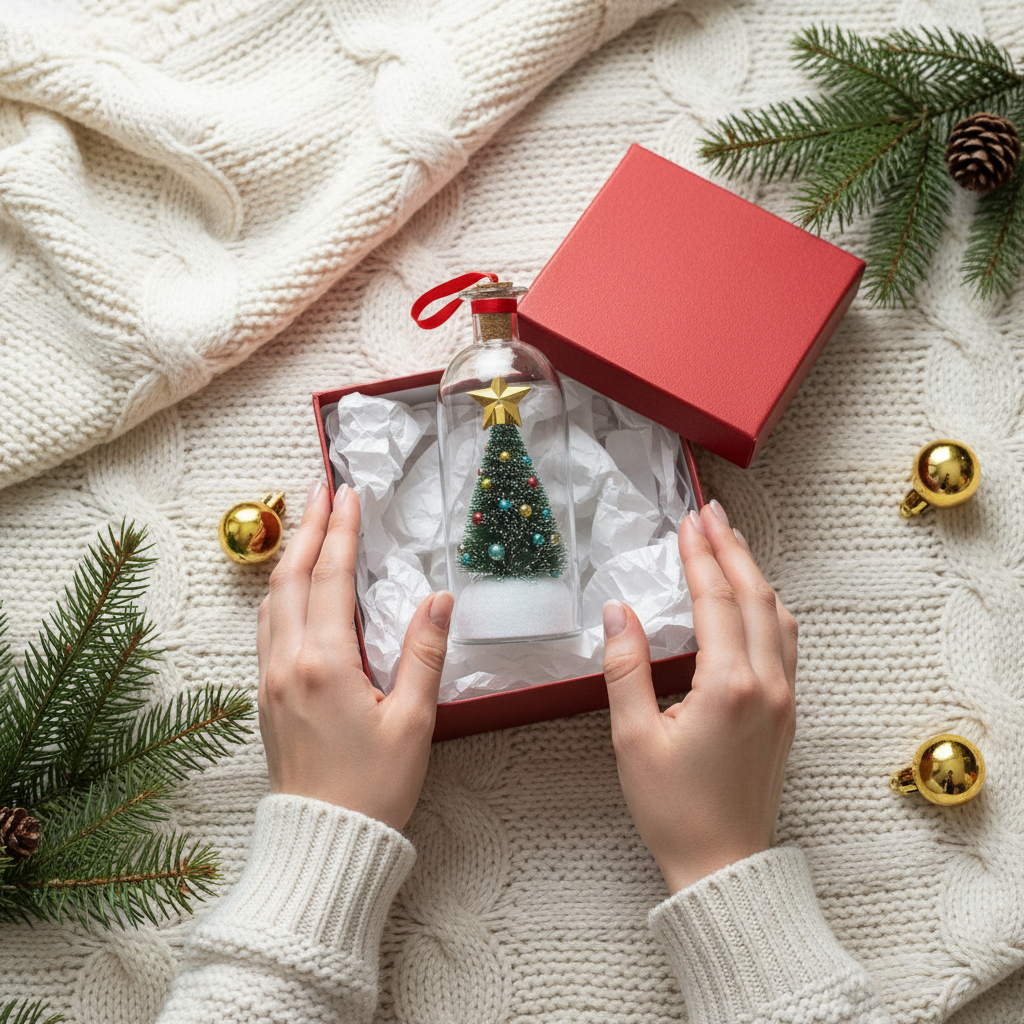 Overhead view of hands holding the glass ornament above an open red gift box with pine sprigs