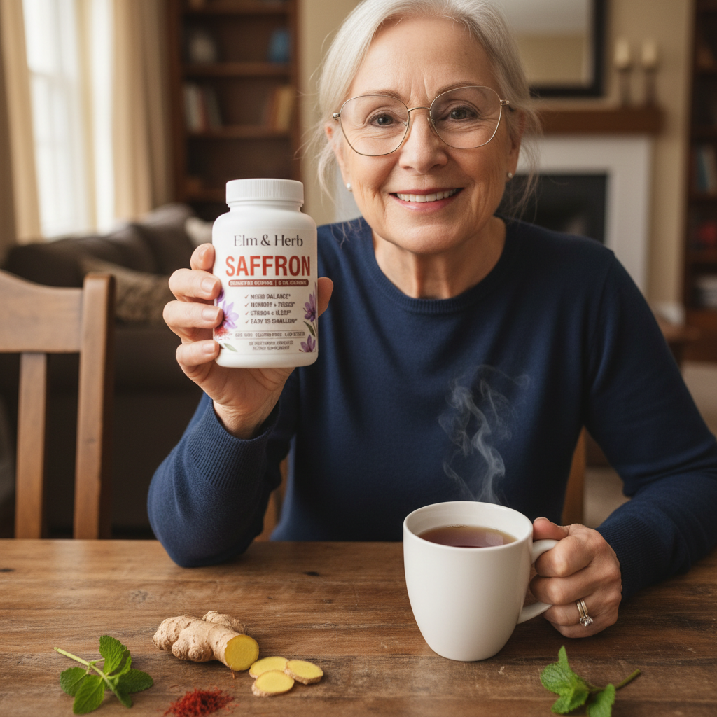 Customer holding her bottle of Elm & Herb Saffron at her dining table