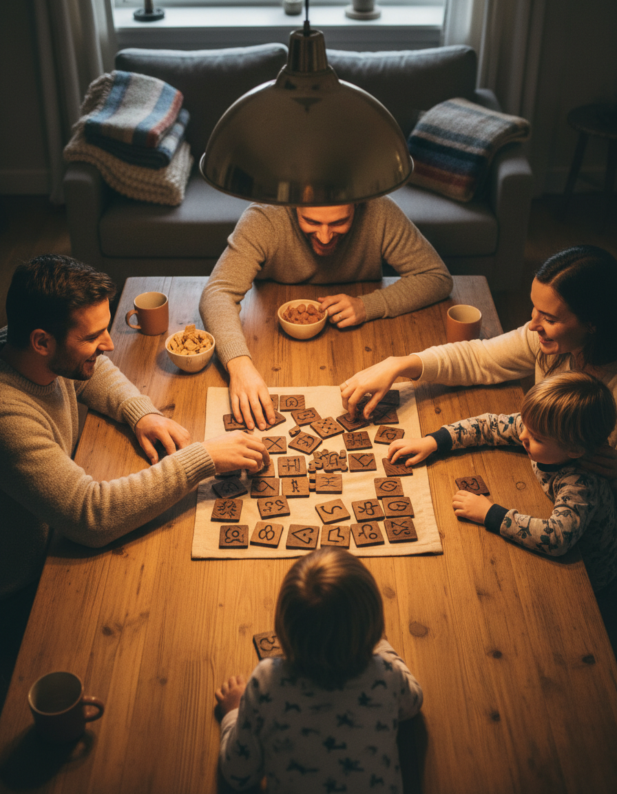 Family playing a tile board game together at the table
