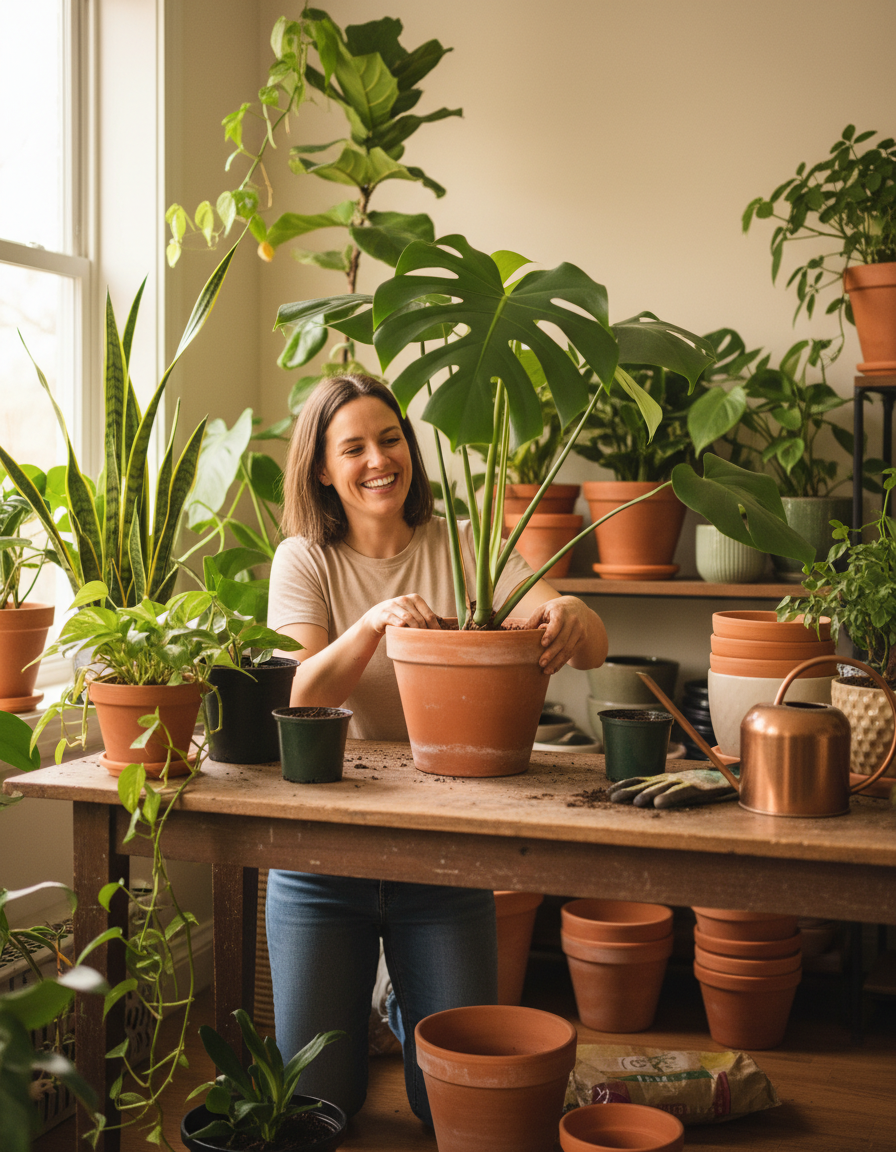 Smiling plant parent repotting a monstera surrounded by houseplants and pots