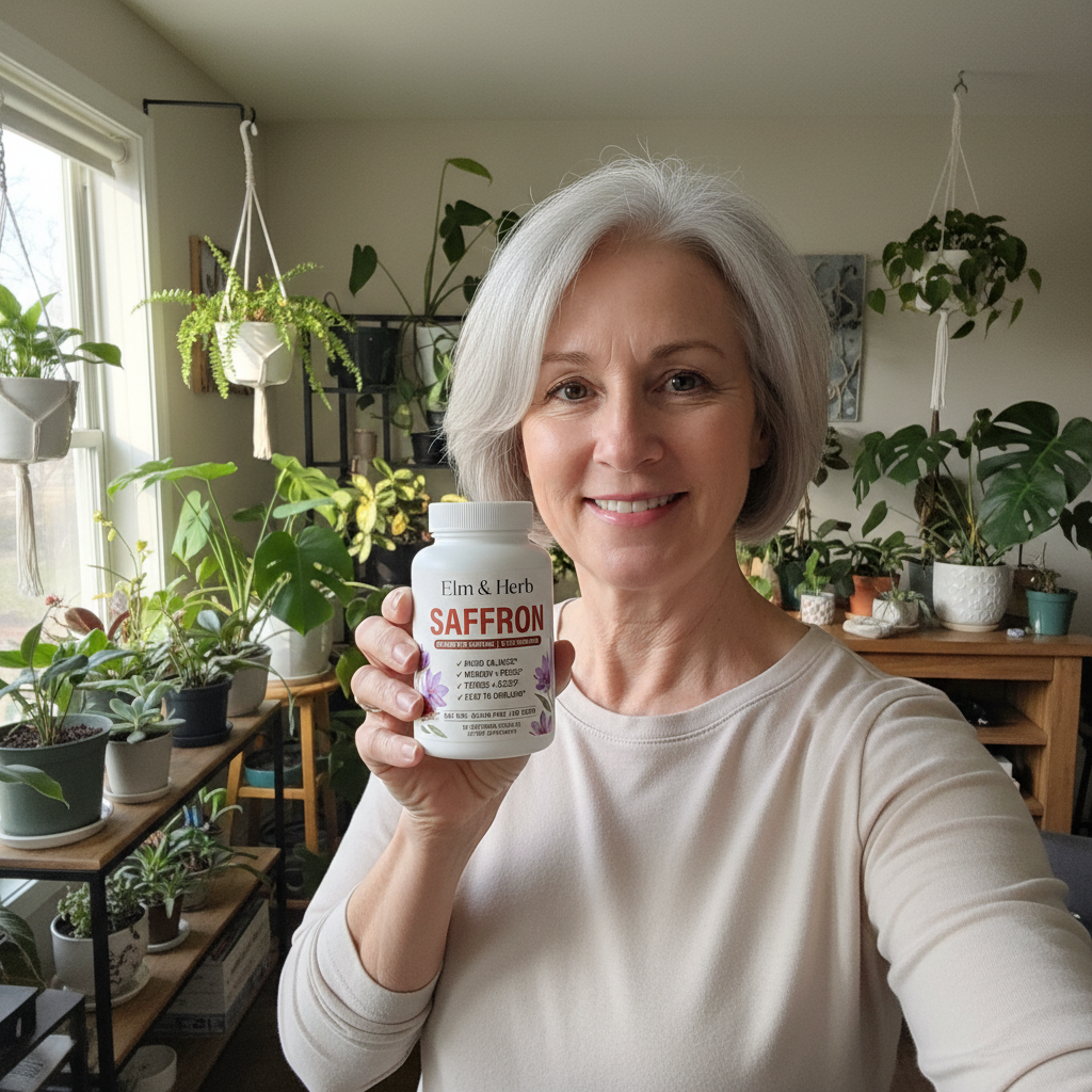 Customer holding her bottle of Elm & Herb Saffron in a room full of plants