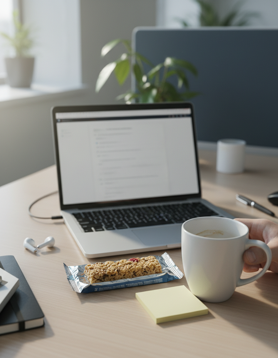 A hand reaching for a granola bar at a desk mid-morning