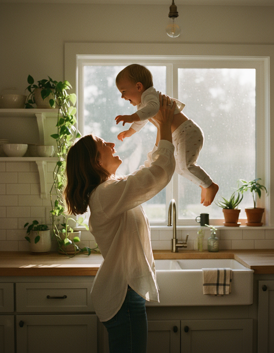 Mother lifting her laughing toddler in a sunny kitchen