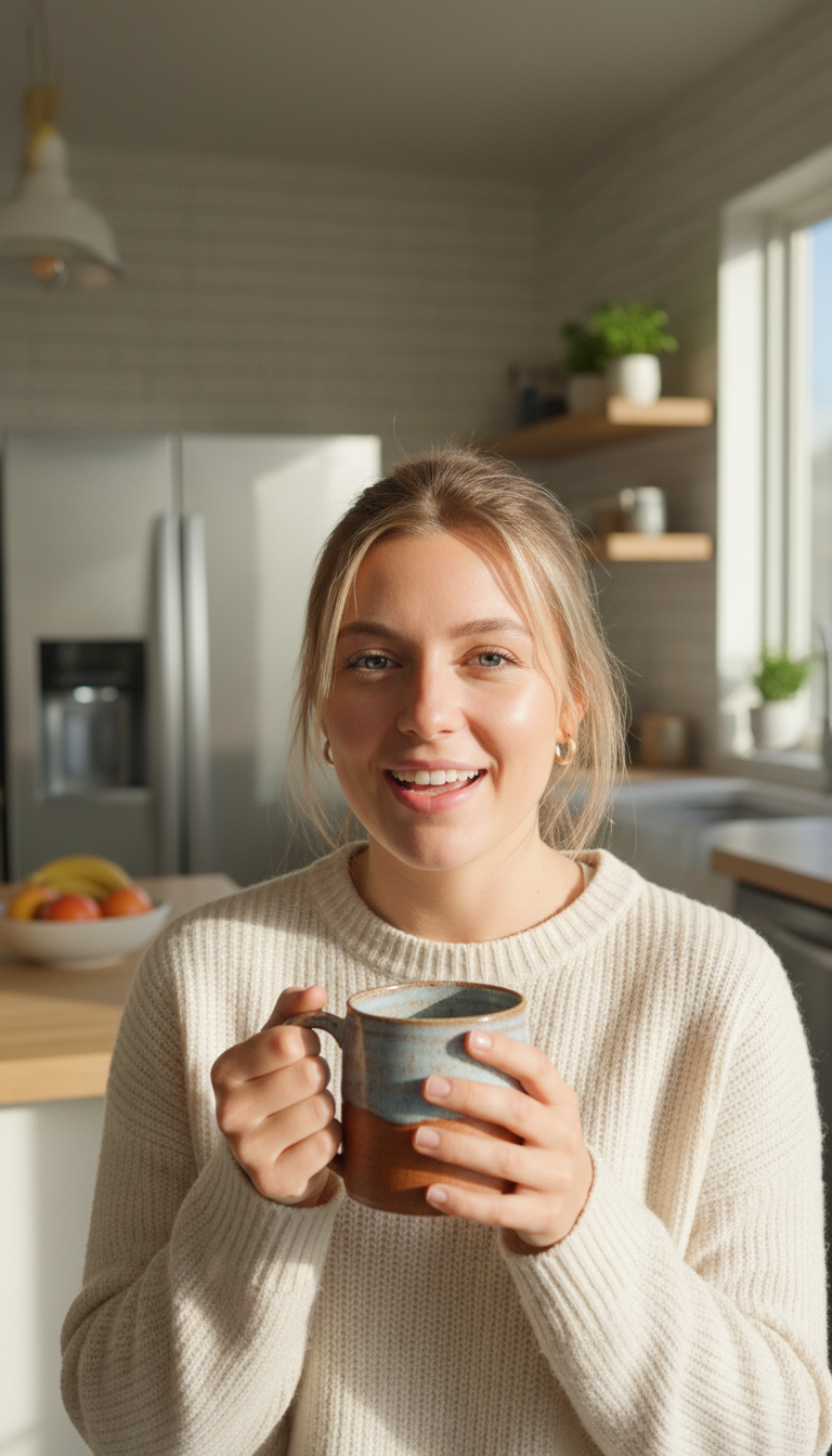 Customer holding a mug in her kitchen