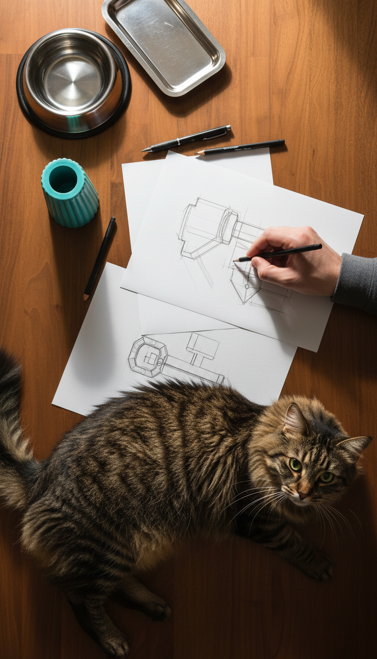 Designer sketching at a wooden desk with a tabby cat lying on the papers