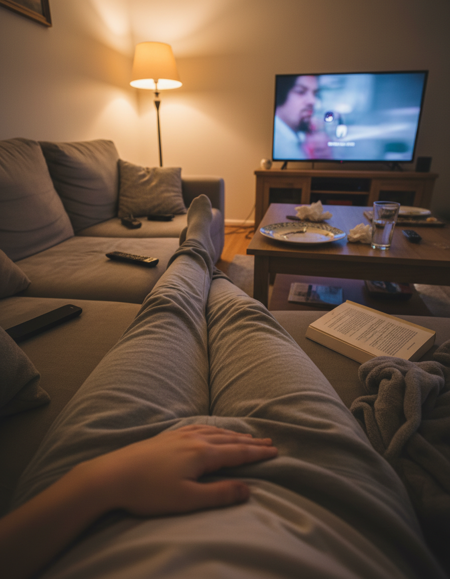 Point-of-view shot on a couch after dinner, hand resting on stomach
