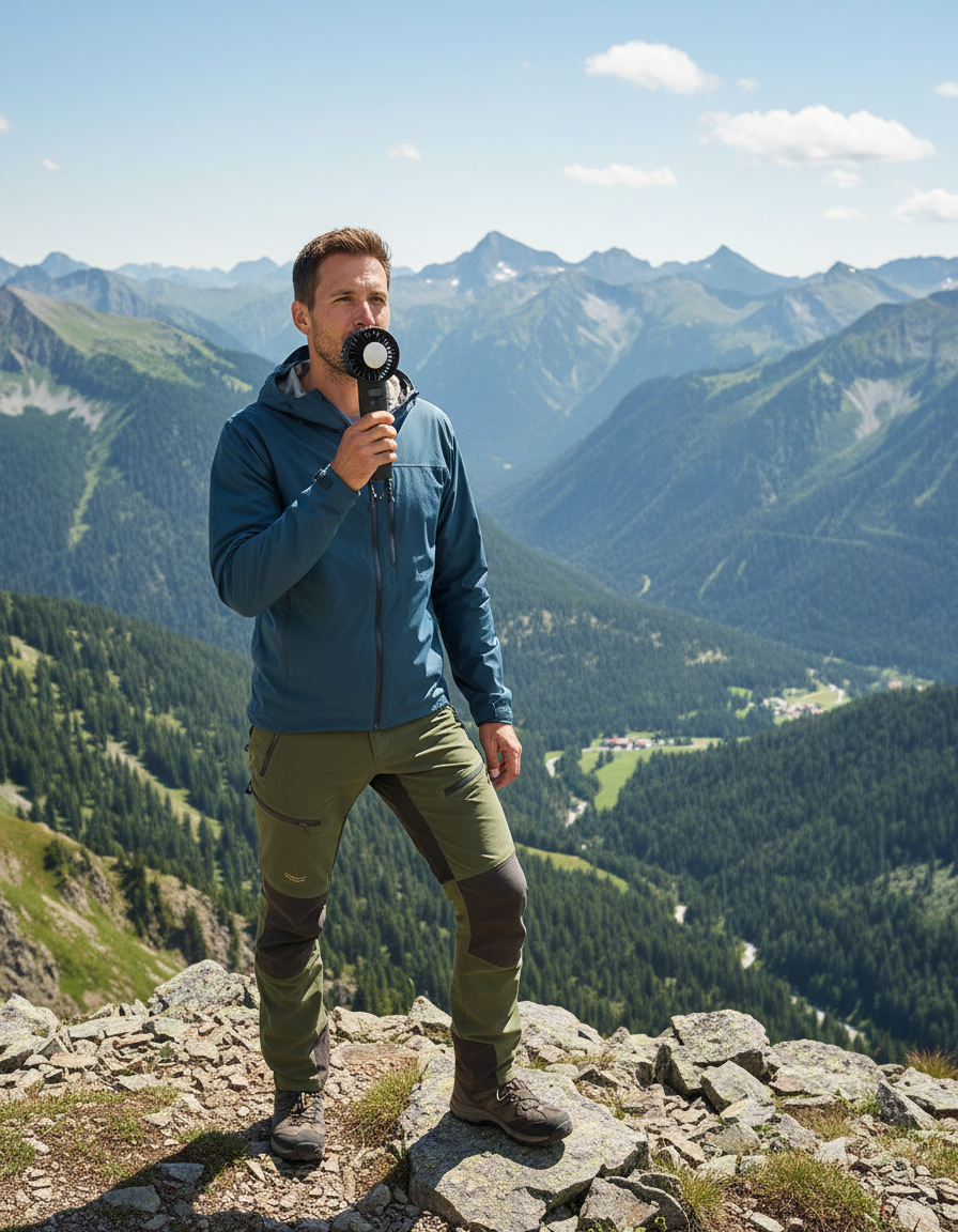 Hiker above a mountain valley holding a black AERØ ONE, cooling plate turned toward him
