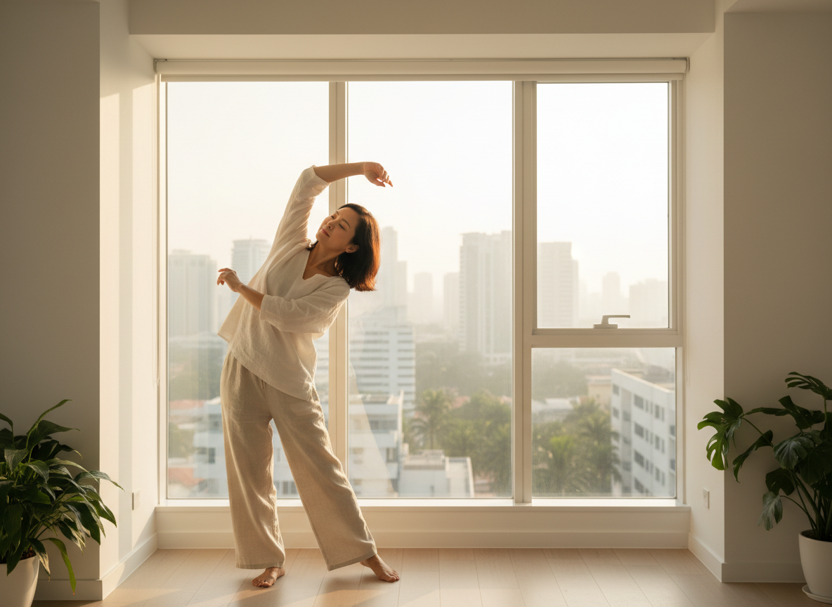 A woman stretching by a large window in a bright Singapore apartment at sunrise