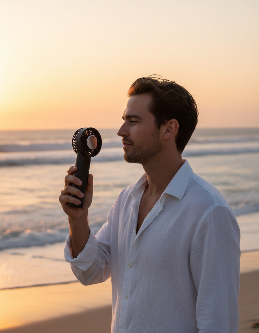 Man in a linen shirt on the beach at sunset holding a black AERØ ONE with its cooling plate facing him